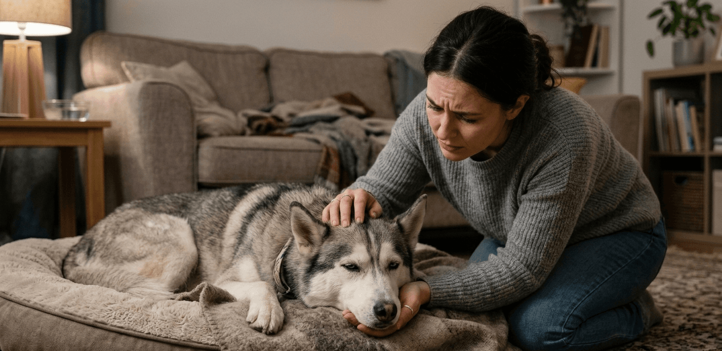Pet owner comforting their sick dog